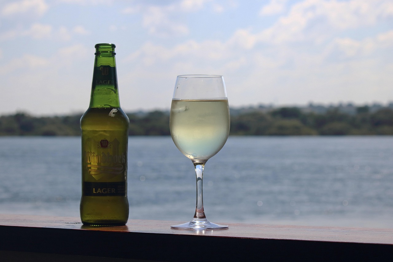 beverages, beer, nature, bottled, glass, wine, deck, river, water, okavango, africa